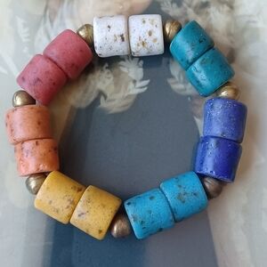 African Kobo Recycled Glass Beaded Bracelet 🩵🧡💙🤍💫